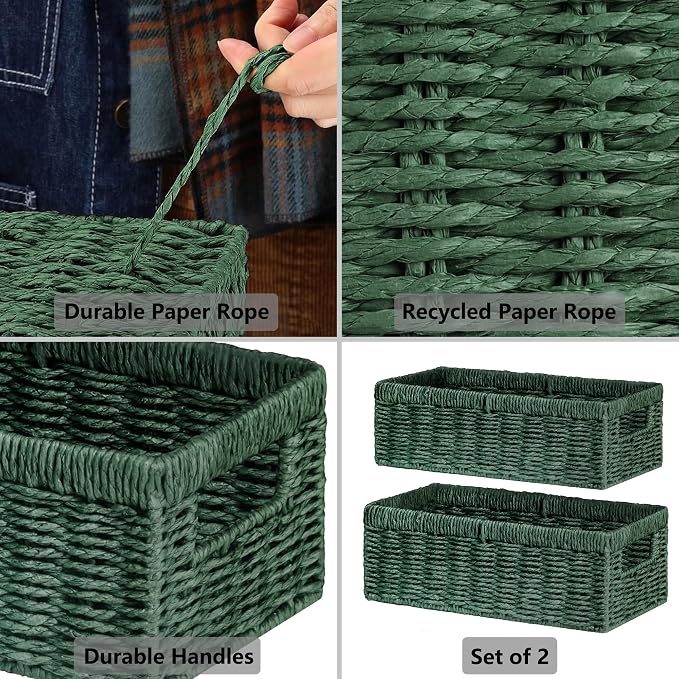 Wicker Storage Basket, 2-Pack Paper Rope Wicker Baskets with Handles, Toilet Paper Basket for Toilet Tank Top, Small Wicke Baskets for Organizing Decor Storage Bins for Shelves, Green