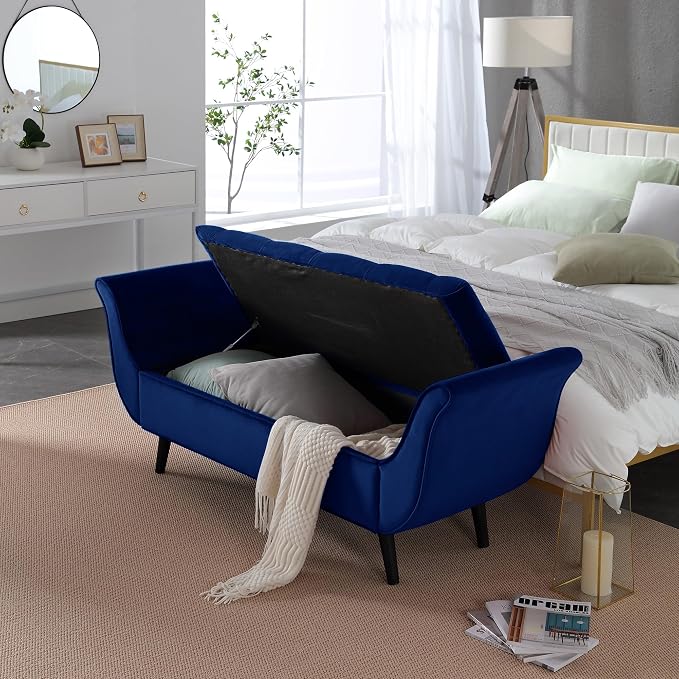 Storage Bench for Bedroom End of Bed, Velvet Upholstered Rolled Armed Button Tufted Sofa Stool Bench, Storage Ottoman Couch Long Bench with Solid Wood Legs (Navy)