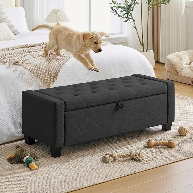 Huatean Home 43" Ottoman with Storage, Dark Gray Storage Ottoman Bench | Upholstered Entryway Bench with Seating for Bedroom, Living Room, with Safety Hinge, Holds up to 330 lb