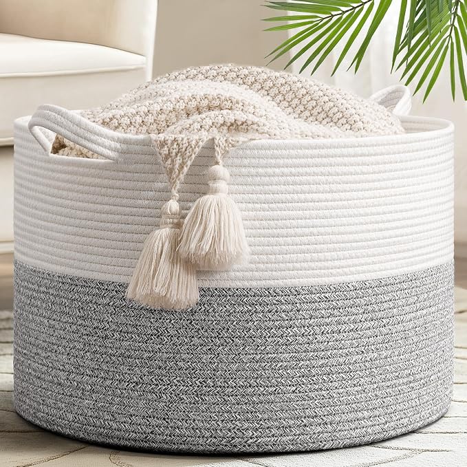 Goodpick Woven Blanket Basket Living Room, Toy Bin for Playroom, 65L | 19.7 x 19.7 x 12.6 In Toy Storage Basket for Nursery, Blanket Basket for Living room, Laundry Basket, Light & Grey