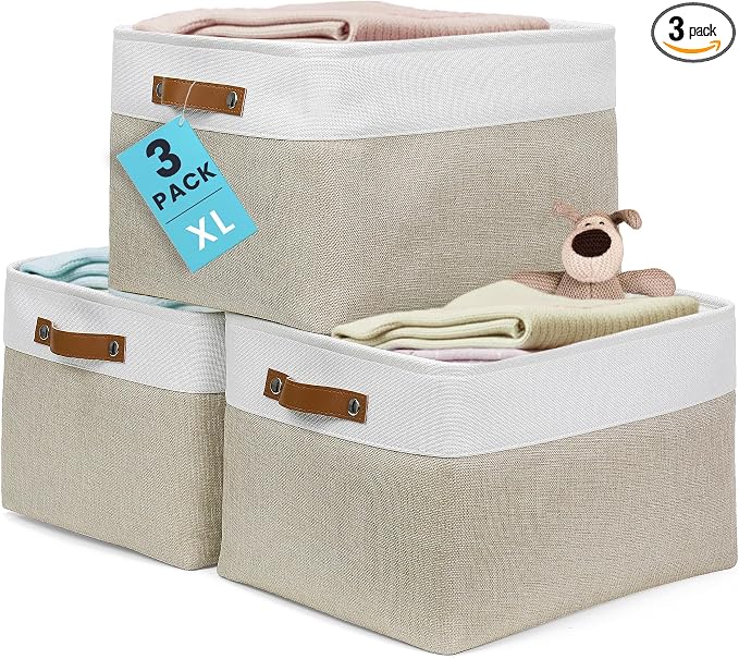OrganiHaus 16x12.5in Storage Baskets, 3 Pack - Fabric Bins for Shelves | Vegan leather handles; a decorative linen closet organizer, towel and clothes container