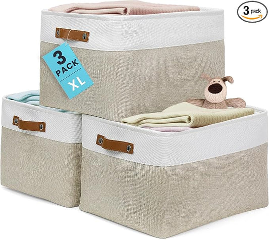 OrganiHaus 16x12.5in Storage Baskets, 3 Pack - Fabric Bins for Shelves | Vegan leather handles; a decorative linen closet organizer, towel and clothes container