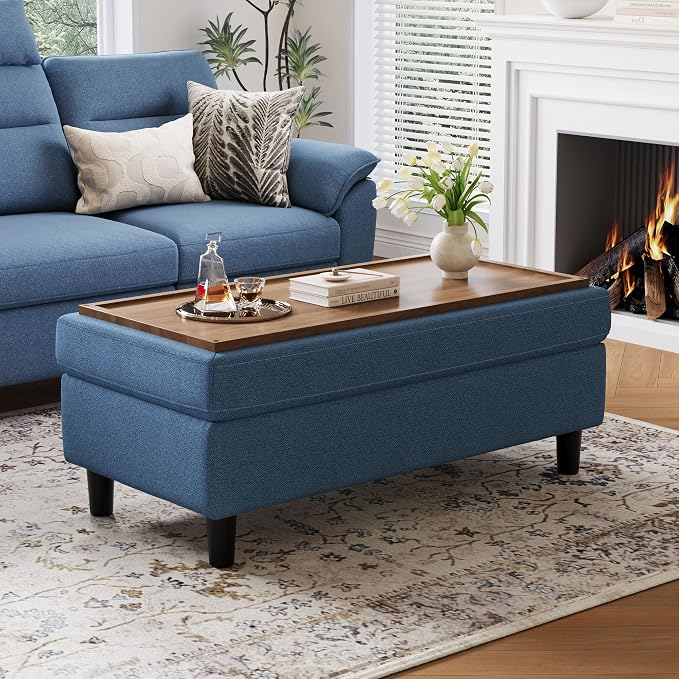 LINSY HOME 46 Inches Wide Storage Ottoman Bench, Linen Coffee Table Long Shoes Bench Footstool, Storage Chest, Foot Rest Stool, for The Living Room, Entryway and Family Room (Blue)
