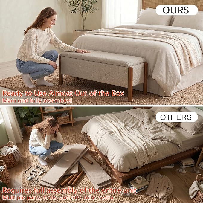 Storage Ottoman Bench, End of Bed Bench for Bedroom, 47" Boucle Upholstered Entryway Shoe Seat Bench, Holds up to 660 lb Storage Ottoman, Padded Blanket Chest Stool Foot Rest for Living Room Beige