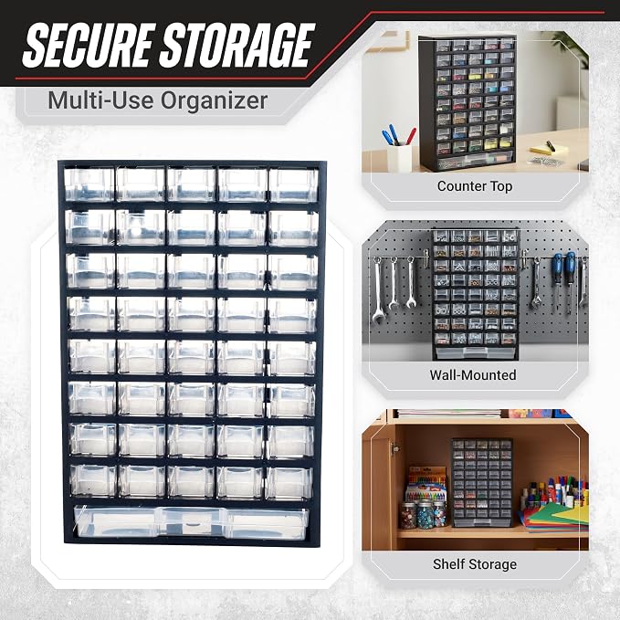 Storage Bin with Drawers - 41-Drawer Plastic Tool Organizer - Hardware or Craft Cabinet for Storing Beads, Toys, or Nuts and Bolts by Stalwart (Black)
