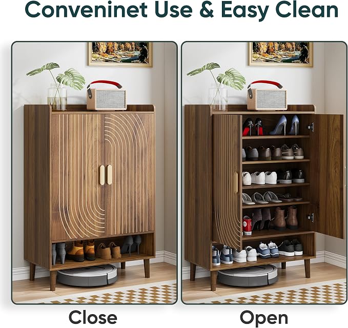 Smuxee Walnut Shoe Cabinet with Line Groove Design, 6-Tier Shoe Storage Cabinet with Adjustable Shelves, Freestanding Shoe Organizer Cabinet for Entryway, Hallway, Closet, Living Room