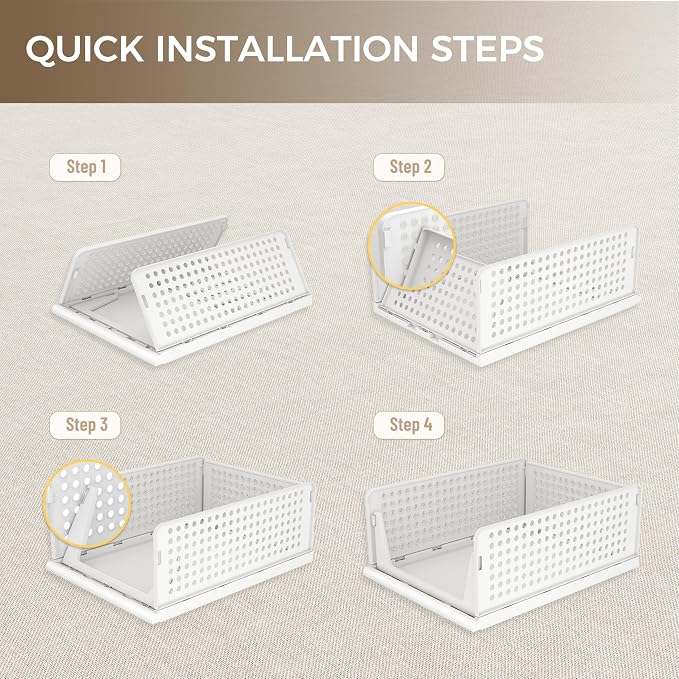 Pinkpum 6 Pack Closet Organizer Storage Bins Stackable Plastic Drawer Shelf | Basket for Clothing Stackable Storage Bins Shelf Storage Container for Closet Wardrobe Bedroom Bathroom Office White Foldable