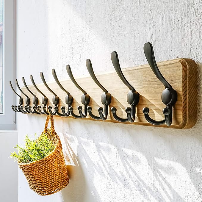Coat Rack Wall - Heavy-Duty 38-1/4" Long, with Reinforced 10 Custom Tri-Hooks, Solid Wood Wall Hanger for Coats Hat Jackets - Rustic Farmhouse Entryway Storage,Weathered Brown & Black,Pack of 2