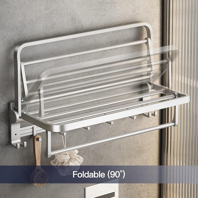VOLPONE 24 Inch Towel Rack with Towel Bar Holder Foldable Towel Shelf with Movable Hooks Rustproof Towel Storage Wall Mount for Bathroom Lavatory Silver