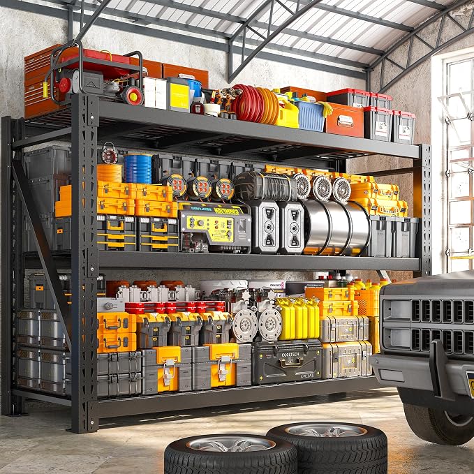 Bepatio 77" W Garage Shelving Heavy Duty, Ultra Wide Storage Shelves 3 Tier Industrial Metal Shelving Unit Adjustable Utility Shelves for Garage, Basement, Warehouse, Black 77" W*23.7" D*66”H, 2 PCS