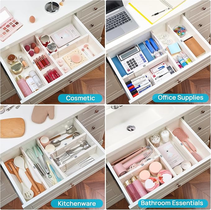 Vtopmart 12 Pack Drawer Dividers for Clothes, 4" High 11.3"-17" Adjustable Expandable Dresser Drawer Organizer, Plastic Drawers Separator for Dresser, Baby Clothes, Underwear, Kitchen & Office Storage