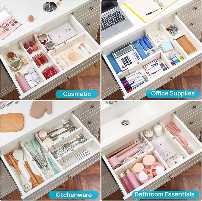 Vtopmart 4 Pack Drawer Dividers for Clothes, 4" High 11.3"-17" Adjustable Expandable Dresser Drawer Organizer, Plastic Drawers Separators for Dresser, Baby Clothes, Underwear, Kitchen & Office Storage