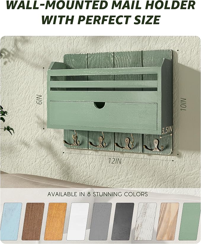 Rebee Vision Mail Organizer Wall Mount with Drawer for Home Decor, Green | Pine Wood, Key and Mail Holder for Wall, 7 Key Hooks, Drawer Organizer, Letter Sorter, Apartment Essential, Room Decor