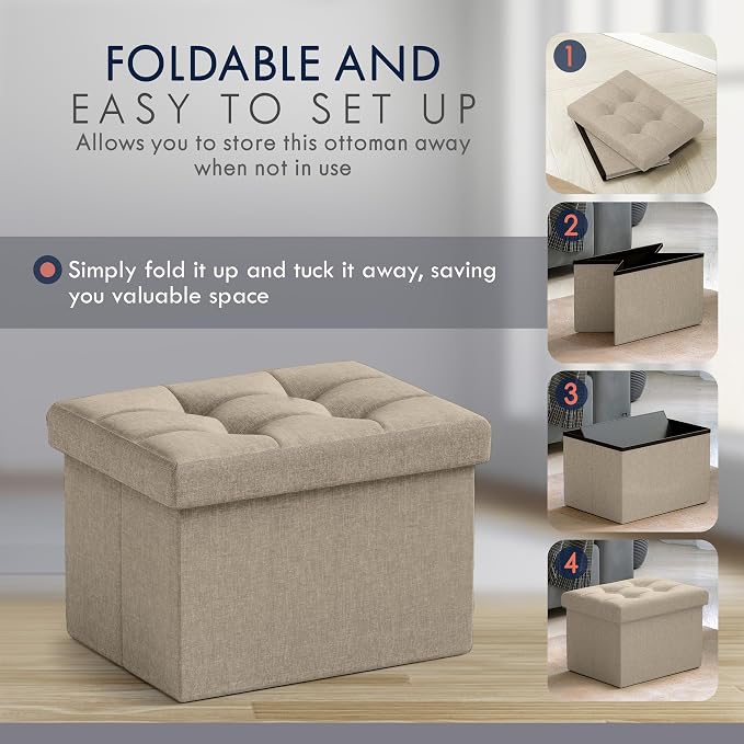 Ornavo Home Small Rectangle Storage Ottoman, Linen, 12x16x12, Taupe | Collapsible Cube Design; Foot Rest Stool Seat; Ideal for Living Room, Bedroom, Home Office or Dorm