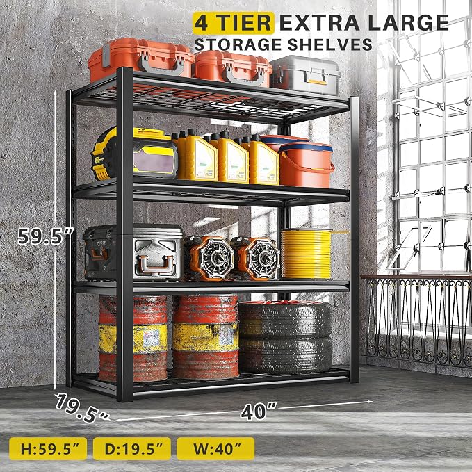REIBII 40" W Storage Shelves with Wire Mesh Panels for Garage Organization | 560Lbs/tier, 40" W x 19.5" D x 59.5" H, Adjustable, 4-Tier, Double-Layer Frame, Rustproof Finish, for Basement Warehouse, 4Pc