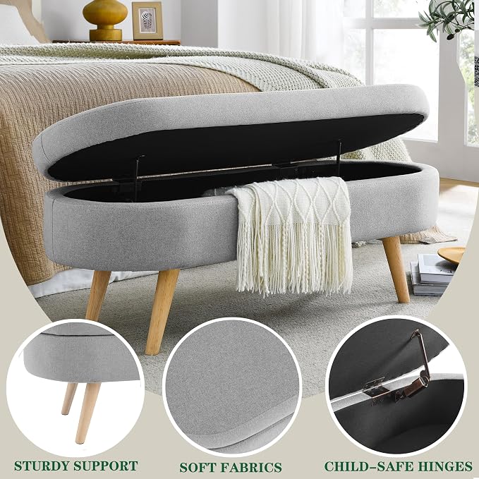 43.5" Ottoman with Storage, Storage Ottoman Bench with Safety Hinge, Linen End of Bed Bench, Upholstered Entryway Bench for Bedroom, Living Room & Window, Holds up to 330 lb, Grey