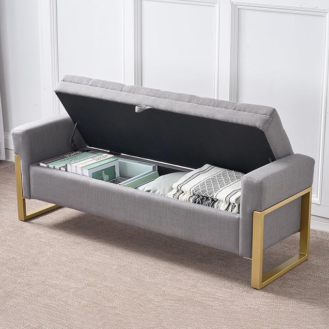 adochr 57" Storage Ottoman Bench, Upholstered End of Bed Bench, Light Grey | Metal Legs & Button-Tufted, Linen Ottoman with Storage 500 lb Capacity for Living Room, Bedroom, Entryway
