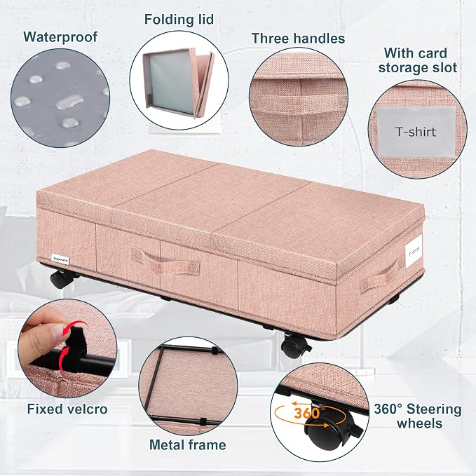 Supowin Under Bed Storage with Wheels, 2Pack Rolling Underbed Storage | 7.3 Inches Tall Under the Bed Container with Lids, Reinforced Handle, Reinforced Metal Bottom Support, 360° Rotating Wheels