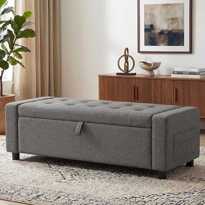 Marsail Upholstered Bench Rectangle Ottoman with Storage Bench for Bedroom End of Bed, Tufted Ottoman with Cushion, Modern Benches for Foot of Bed, Living Room, Entryway, Grey