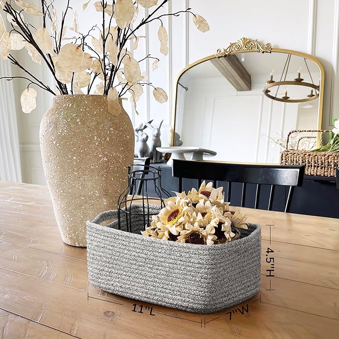 Goodpick 3-Pack Woven Baskets for Closet & Shelves, 11 x 7 x 4.5 in | Woven Baskets for Shelves, Closet Organizer Bins,Empty Baskets for Gifts, Woven Basket for Play Room, White & Gray