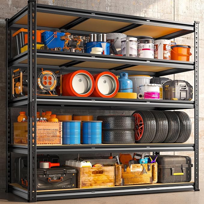 REIBII 48" W Garage Shelving 3000LBS Storage Shelves 5 Tier Industrial Shelving Adjustable Metal Storage Shelves for Garage, Basement, Warehouse, Commercial, Easy Assemble, 48" W x 72" H x 18" D, 2PC