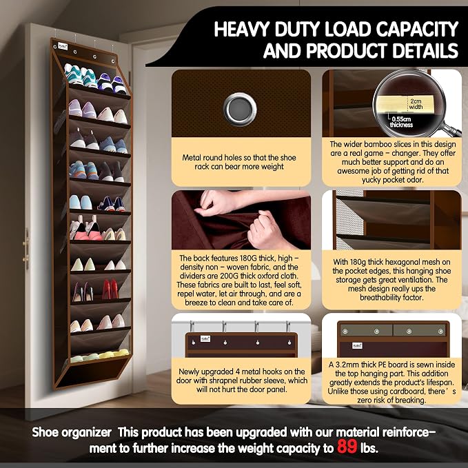 Kotkn 10 Tier Over The Door Organizer - Heavy Duty Hanging Storage Rack with Sturdy Oxford Fabric, Holds 20+ Pairs of Footwear, Boots & Sneakers, Saves 50% Closet Space (Dark Curry)
