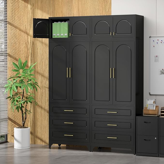SteeLoong 90”Kitchen Pantry Cabinet, Metal Storage Cabinet with 3 Drawers | Black Pantry Cabinets for Kitchen Storage with 2 Adjustable Shelves,Tall Freestanding Cupboard for Living Room,Kitchen,Garage