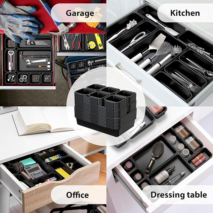 Simple Houseware Interlocking Desk Drawer Bins Organizer, 10 Packs, Black | Great for Makeup Vanity, Bathroom, Office Drawers