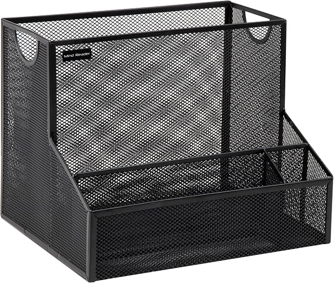 Mind Reader Desktop Organizer with Hanging File Storage, 4 Compartment Letter Size File Holder, Metal Mesh Desk Organizer for Office and Home, Black