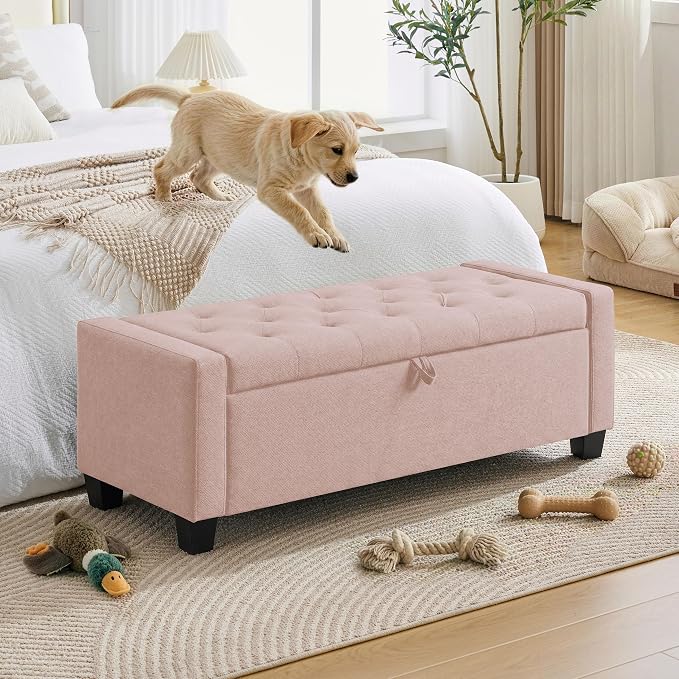Huatean Home 43" Ottoman with Storage, Pink Storage Ottoman Bench | Upholstered Entryway Bench with Seating for Bedroom, Living Room with Safety Hinge, Holds up to 330 lb