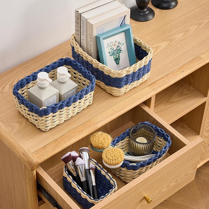 4PCS Woven Storage Baskets Set, Small Baskets for Organizing, Square Handwoven Paper Rope Organizer Bins for Shelves and Home Storage (Natural & Navy)