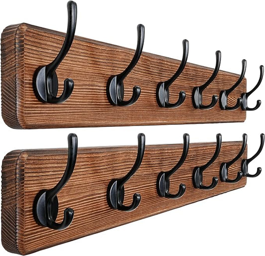 Wall Mounted Coat Rack: 24" Long, Patented, Heavy-Duty, 6-Double-Hooks Wooden Hanger Rail for Winter Coats, Hat, Jacket, Clothing - Natural & Black, Pack of 2