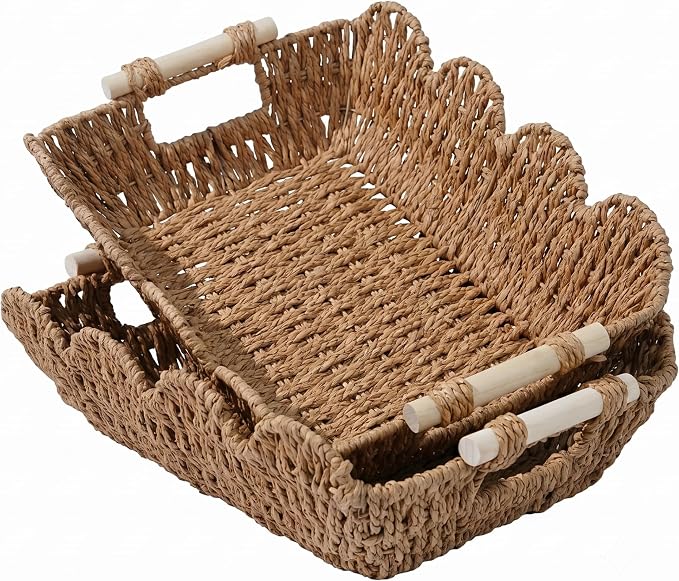Coeusy 2 Pack Gift Basket, Cute Scalloped Basket with Handles, Decorative Basket for Display,Snack,Shelves, Natural
