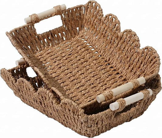 Coeusy 2 Pack Gift Basket, Cute Scalloped Basket with Handles, Decorative Basket for Display,Snack,Shelves, Natural