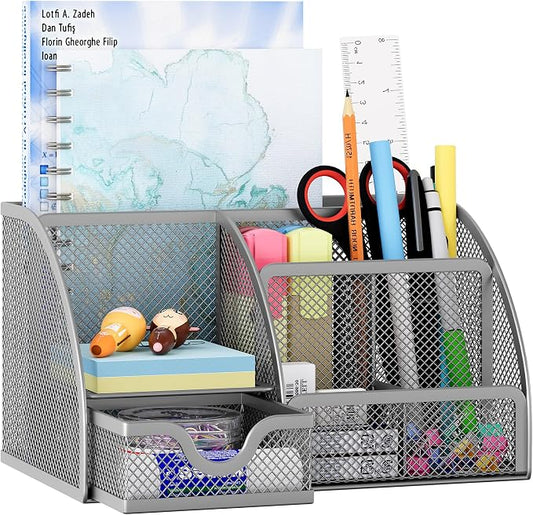 EasyPAG Mesh Desk Organizer with Drawer Multi-functional Pen Holder Stationery Organizer for Office School Supplies 6 Compartments Dorm Organizers and Storage for Desk, Silver