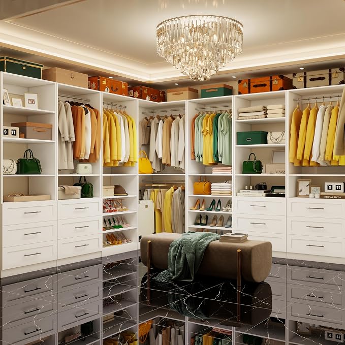Vomavex Closet System with 4 sets, 101.9" Closet Organizer Systems with 6 Drawers & 8 Hanging Rods & Adjustable Shelves, Walk in Closet Standing Closet System, Corner Closet System Set, White