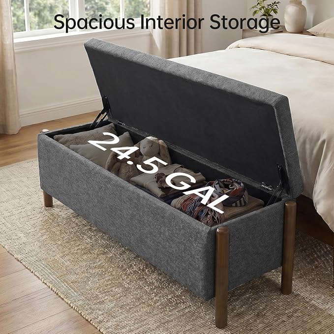 Usaint Wooden Storage Ottoman Bench, 47" Fabric Upholstered End of Storage Bench with Rubberwood Legs, Entryway Bench with Storage for Bedroom, Living Room, Reception, Cloakroom, Charcoal
