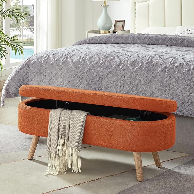 42.25" Ottoman with Storage, Storage Ottoman Bench with Safety Hinge, Boucle End of Bed Bench, Upholstered Entryway Bench for Bedroom, Living Room & Window, Holds up to 330 lb, Orange