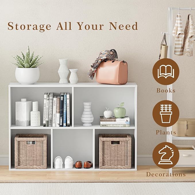 VDNEND Wooden Cube Storage Organizer with Closed Back Panel, 11in Cube Shelf Opening, Bookshelf, Display Shelf,Closet Cabinet for Home and Office (Embossed White, 5-Cube 35.98L*9.45W*24.09H)