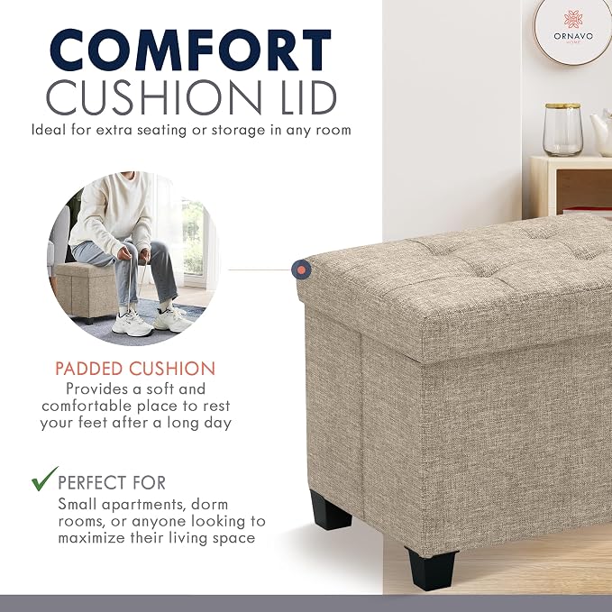 Ornavo Home Small Rectangle Storage Ottoman with Legs, 12x16x12, Tan/Taupe | Foot Rest Stool Seat; Holds Up to 600 lbs; Ideal for Living Room, Bedroom, Home Office or Dorm
