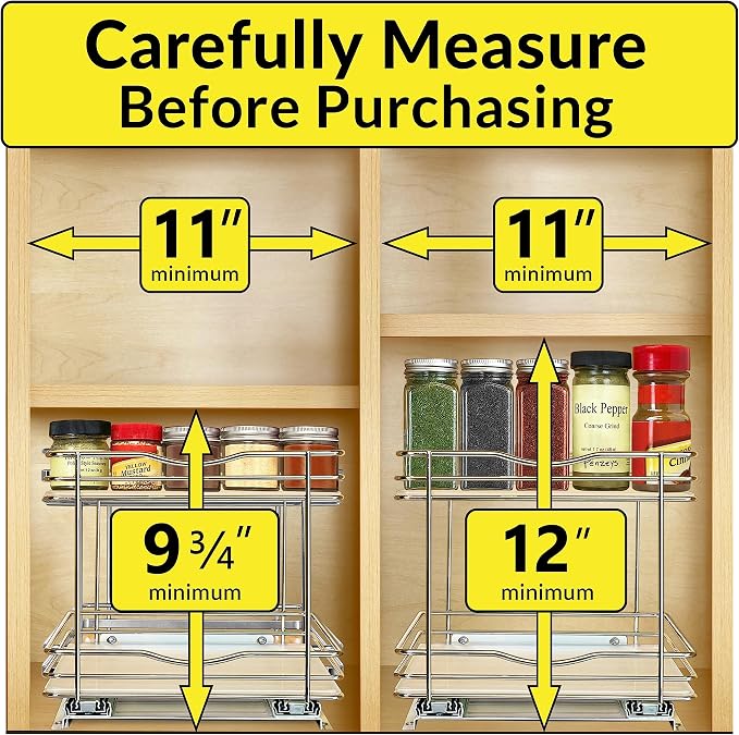 LYNK PROFESSIONAL® Pull Out Spice Organization for Cabinets - 10-3/8 inch Wide – Spice Rack for Inside Cabinets, Slide Out Spice Rack Organizer for cabinet – Pull Out Spice Rack, Sliding 2 Tier Chrome
