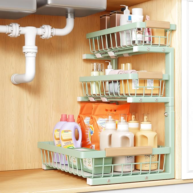 PXRACK Under Sink Organizer, 1-Pack 3-Tier Height Adjustable Thickened Metal Pull out Cabinet Organizer Shelf, Slide out Storage Drawer Rack for Bathroom Kitchen Pantry Home Organization, Green