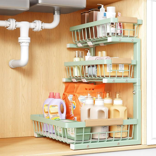 PXRACK Under Sink Organizer, 1-Pack 3-Tier Height Adjustable Thickened Metal Pull out Cabinet Organizer Shelf, Slide out Storage Drawer Rack for Bathroom Kitchen Pantry Home Organization, Green