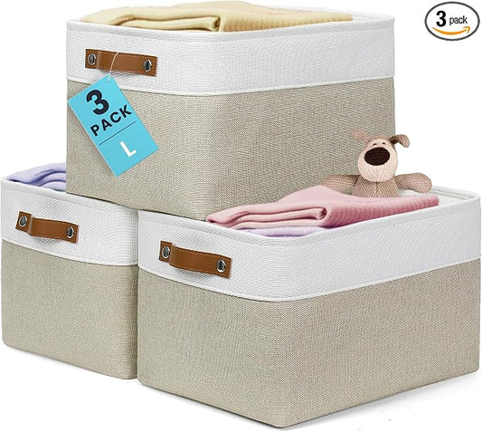 OrganiHaus 15x11in Canvas Storage Baskets 3 Pack - Fabric Bins for Shelves | Vegan leather handles; a decorative closet organizer for clothes, shoes, or toys; bedroom container