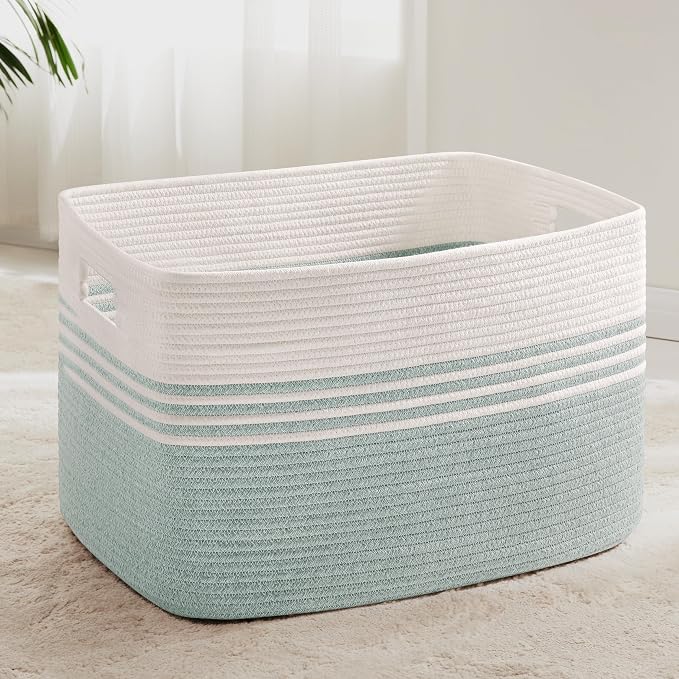 86L Large Woven Laundry Basket Hamper with Handles, Green | collapsible wicker hamper, storage for dirty clothes, toys, blankets, gifts, living room, bedroom, bathroom, 24"x16"x14"