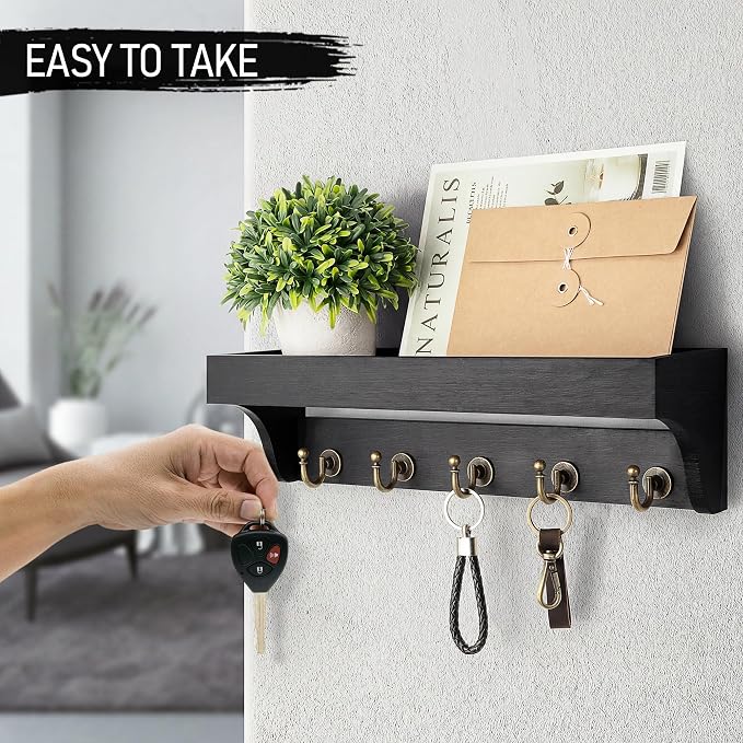 Rebee Vision Key Holder Wall Mount with Shelf & 5 Hooks for Entryway, Black | Key Holder for Wall, Mail Organizer, Plant Display, Decorative Storage, Apartment Essentials for Home Improvement