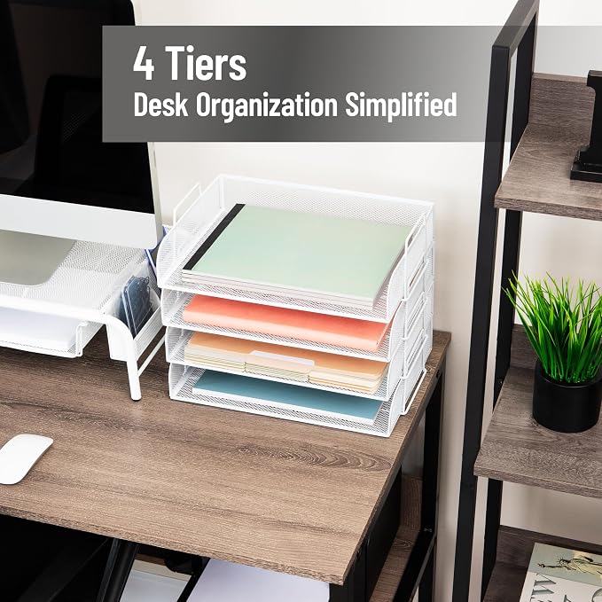 Mind Reader Stackable Paper Tray, Desktop Organizer, File Storage, Office, Metal Mesh, 4 Pcs., White