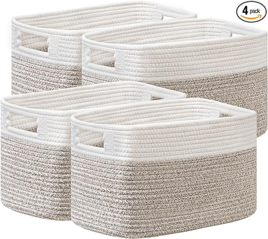4 Pack Storage Baskets for Organizing, Shelf Baskets with Handles, White&Light Brown