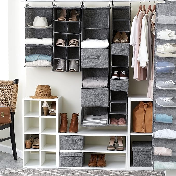 Household Essentials 10 Pocket Double Hang Canvas Shoe Organizer Side‑by‑Side Hanging Storage, Gray