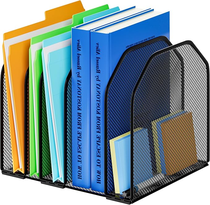 Desk File Organizer, Adjustable 5 Sections Upright Desktop File Sorter | Sturdy, Metal, Mesh, Vertical, Bookshelf, File Holder, Workspace Accessories, for Home,School,Office Classroom,Black
